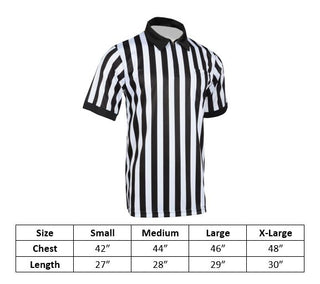 size chart of black and white Striped Referee uniform or shirt or jersey. Includes SMall, Medium, Large and X-Large. 100% polyester material
