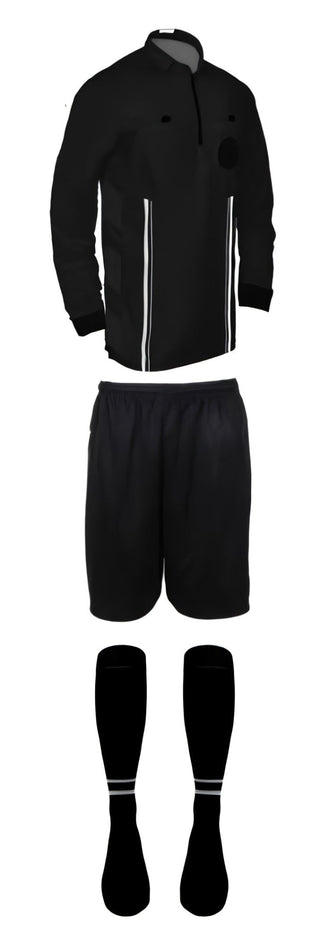3 piece full sleeve black soccer referee uniform or attire or kit, 100% polyester material.