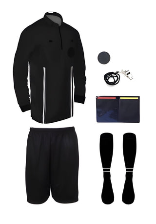 7 piece full sleeve black soccer referee uniform or attire or kit, 100% polyester material.