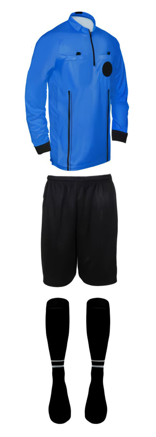 3 piece full sleeve blue soccer referee uniform or attire or kit, 100% polyester material.