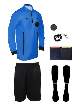 7 piece full sleeve blue soccer referee uniform or attire or kit, 100% polyester material.