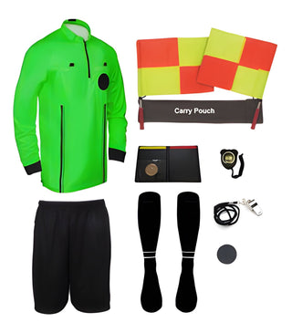 11 piece full sleeve green soccer referee uniform or attire or kit, 100% polyester material.