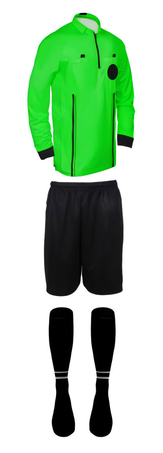 3 piece full sleeve green soccer referee uniform or attire or kit, 100% polyester material.