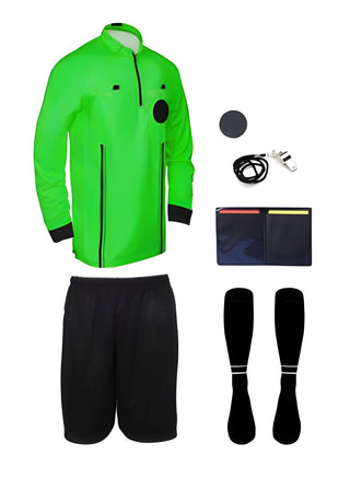 7 piece full sleeve green soccer referee uniform or attire or kit, 100% polyester material.