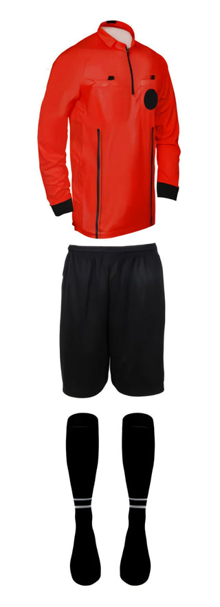 3 piece full sleeve red soccer referee uniform or attire or kit, 100% polyester material.