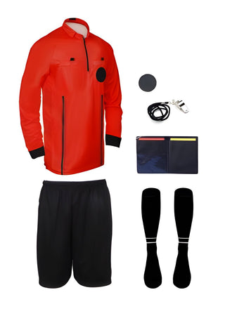 7 piece full sleeve red soccer referee uniform or attire or kit, 100% polyester material.