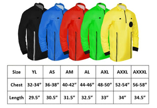 size chart of 3 piece full sleeve soccer referee uniform or attire or kit, 100% polyester material. Available in Youth Large, Adult Small, Medium, Large, XL, XXL and XXXL. 