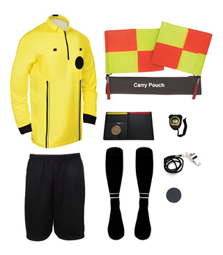 11 piece full sleeve yellow soccer referee uniform or attire or kit, 100% polyester material.