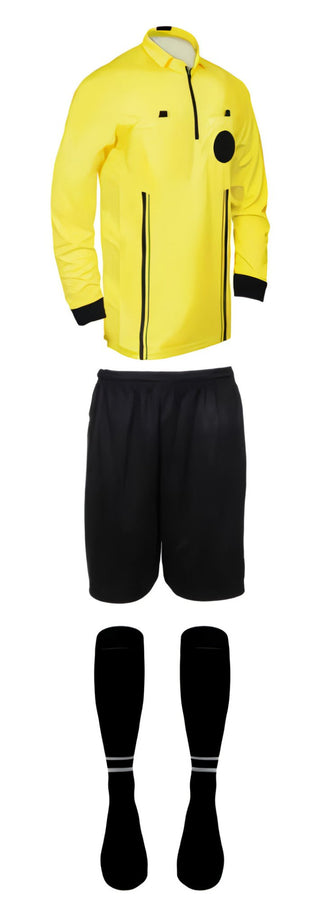 3 piece full sleeve yellow soccer referee uniform or attire or kit, 100% polyester material.