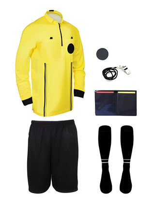 7 piece full sleeve yellow soccer referee uniform or attire or kit, 100% polyester material.