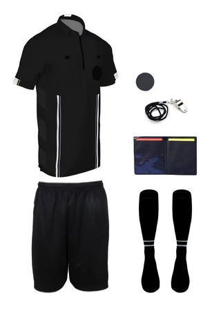 7 piece short sleeve black soccer referee uniform or attire or kit, 100% polyester material.