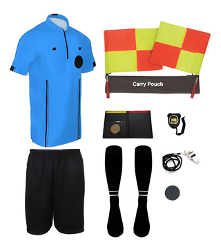 11 piece short sleeve blue soccer referee uniform or attire or kit, 100% polyester material.