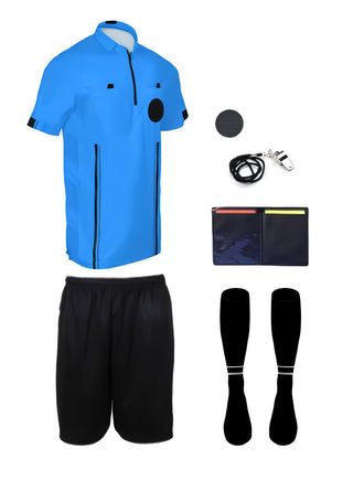 7 piece short sleeve blue soccer referee uniform or attire or kit, 100% polyester material.