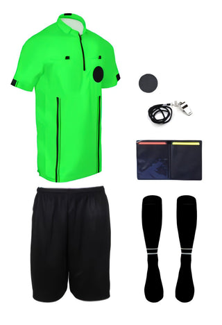 7 piece short sleeve green soccer referee uniform or attire or kit, 100% polyester material.