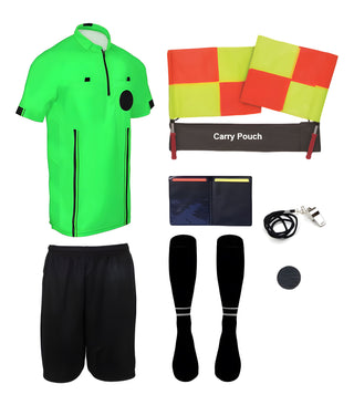 9 piece short sleeve green soccer referee uniform or attire or kit, 100% polyester material.