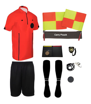 11 piece short sleeve red soccer referee uniform or attire or kit, 100% polyester material.