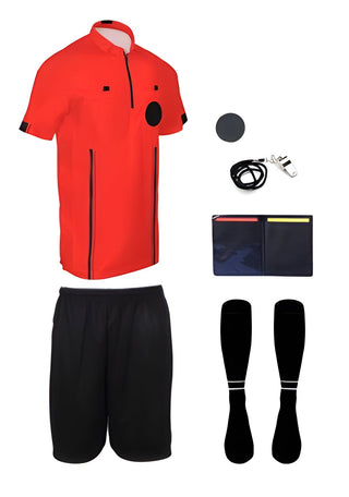7 piece short sleeve red soccer referee uniform or attire or kit, 100% polyester material.