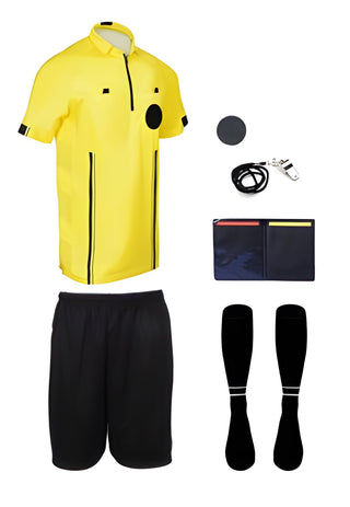 7 piece short sleeve yellow soccer referee uniform or attire or kit, 100% polyester material.