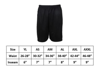 size chart of black soccer referee short which includes youth large, adult small, medium, large, extra large and XXL