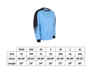 Size chart of Antica Young and Adult light blue Soccer Goalie Shirts or goalkeeper jerseys with padded elbows includes youth small, medium, large and adult small, medium, large, extra large sizes. 100% polyester material.