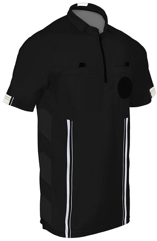 black soccer referee uniform or shirt or jersey, 100% polyester material. short sleeve. 