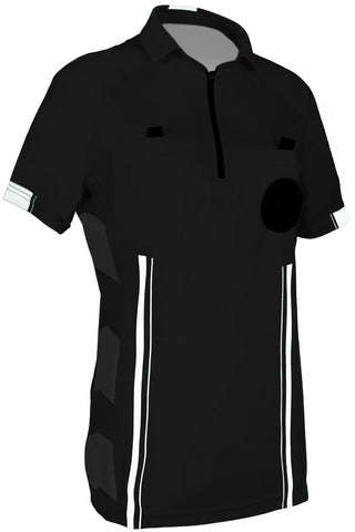 black womens soccer referee uniform or shirt or jersey, 100% polyester material. short sleeve. 
