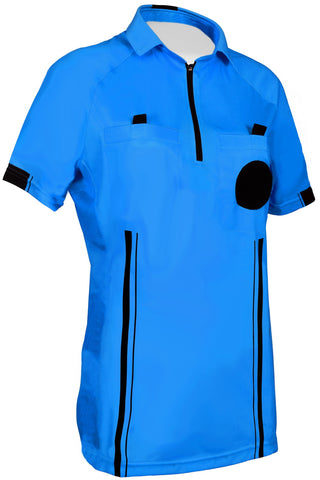 blue womens soccer referee uniform or shirt or jersey, 100% polyester material. short sleeve. 