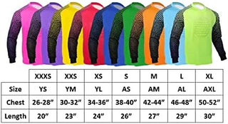 Size chart for Classic padded goalkeeper jersey – youth and adult soccer goalie shirt