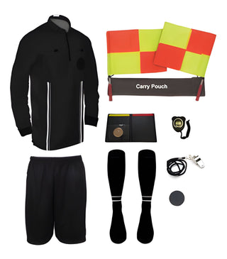 11 piece full sleeve black soccer referee uniform or attire or kit, 100% polyester material.
