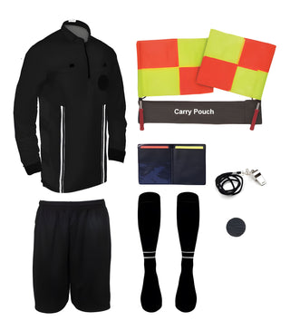 9 piece full sleeve black soccer referee uniform or attire or kit, 100% polyester material.