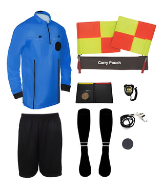 11 piece full sleeve blue soccer referee uniform or attire or kit, 100% polyester material.
