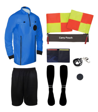 9 piece full sleeve blue soccer referee uniform or attire or kit, 100% polyester material.