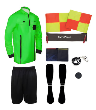 9 piece full sleeve green soccer referee uniform or attire or kit, 100% polyester material.