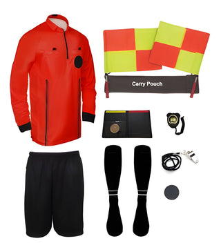 11 piece full sleeve red soccer referee uniform or attire or kit, 100% polyester material.