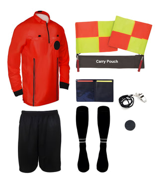9 piece full sleeve red soccer referee uniform or attire or kit, 100% polyester material.