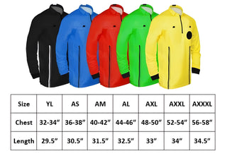 size chart of 11 piece full sleeve soccer referee uniform or attire or kit, 100% polyester material. Available in Youth Large, Adult Small, Medium, Large, XL, XXL and XXXL. 
