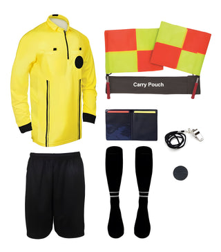 9 piece full sleeve yellow soccer referee uniform or attire or kit, 100% polyester material.