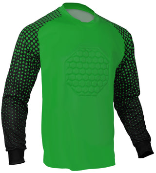 classic Green Soccer goalie shirt or goalkeeper jersey with padded chest and elbows, 100% polyester material, available in youth and adult size