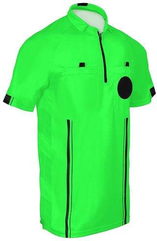 green soccer referee uniform or shirt or jersey, 100% polyester material. short sleeve. 