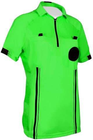 green womens soccer referee uniform or shirt or jersey, 100% polyester material. short sleeve. 