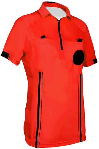 red womens soccer referee uniform or shirt or jersey, 100% polyester material. short sleeve. 