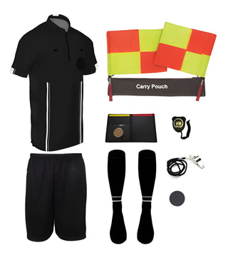 11 piece short sleeve black soccer referee uniform or attire or kit, 100% polyester material.