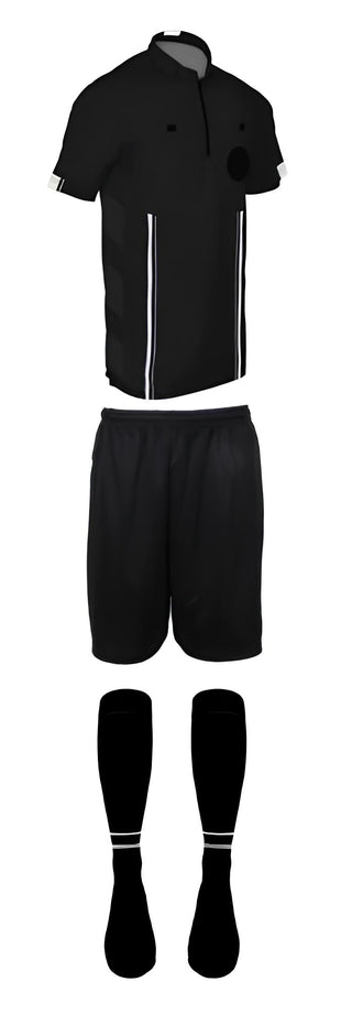 3 piece short sleeve black soccer referee uniform or attire or kit, 100% polyester material.