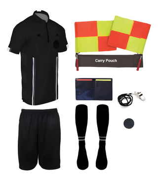 9 piece short sleeve black soccer referee uniform or attire or kit, 100% polyester material.