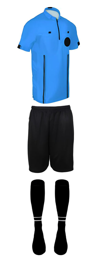 3 piece short sleeve blue soccer referee uniform or attire or kit, 100% polyester material.