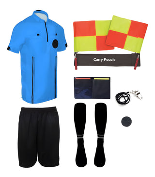 9 piece short sleeve blue soccer referee uniform or attire or kit, 100% polyester material.
