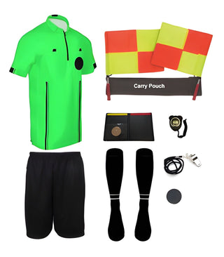 11 piece short sleeve green soccer referee uniform or attire or kit, 100% polyester material.