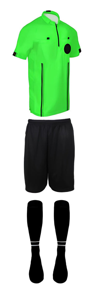 3 piece short sleeve green soccer referee uniform or attire or kit, 100% polyester material.
