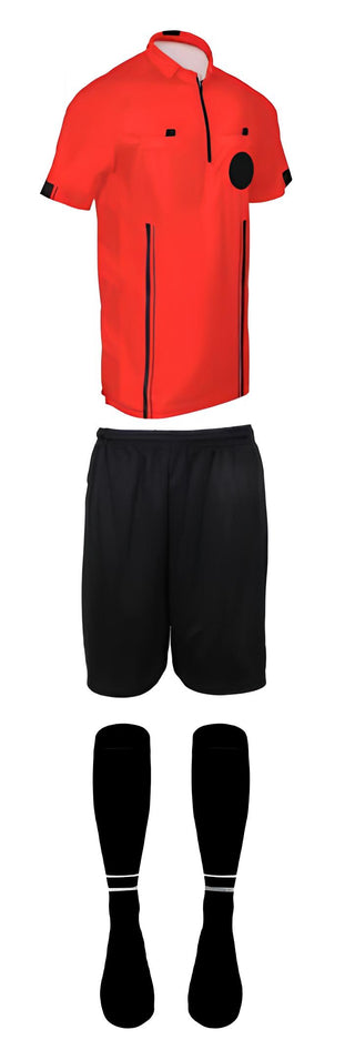 3 piece short sleeve red soccer referee uniform or attire or kit, 100% polyester material.