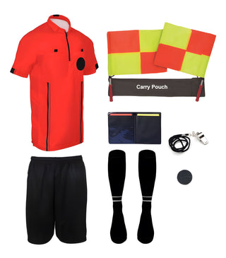 9 piece short sleeve red soccer referee uniform or attire or kit, 100% polyester material.